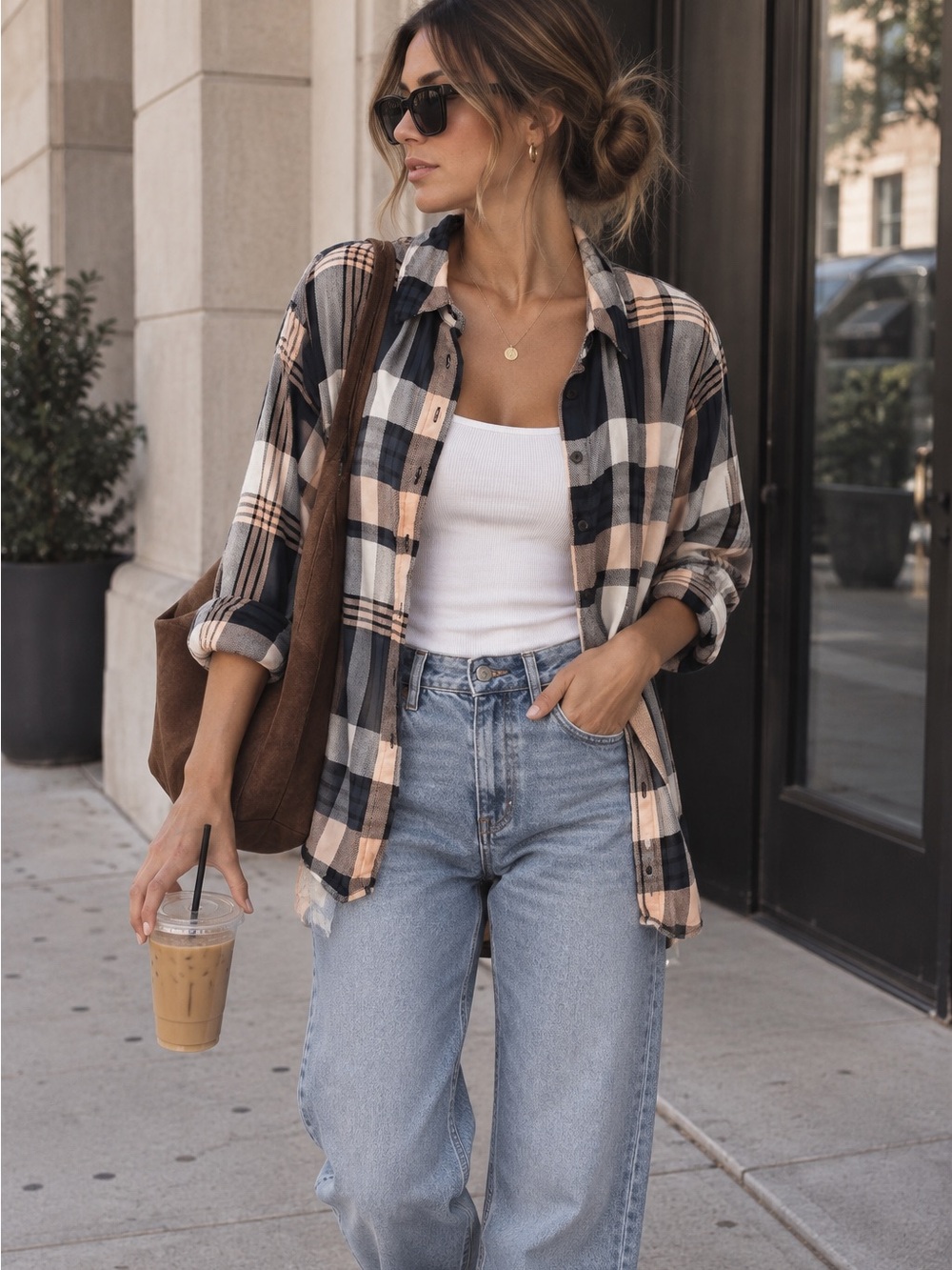 Olive & Oak Plaid Button Down Shirt M Blush Black Oversized Fall Shacket